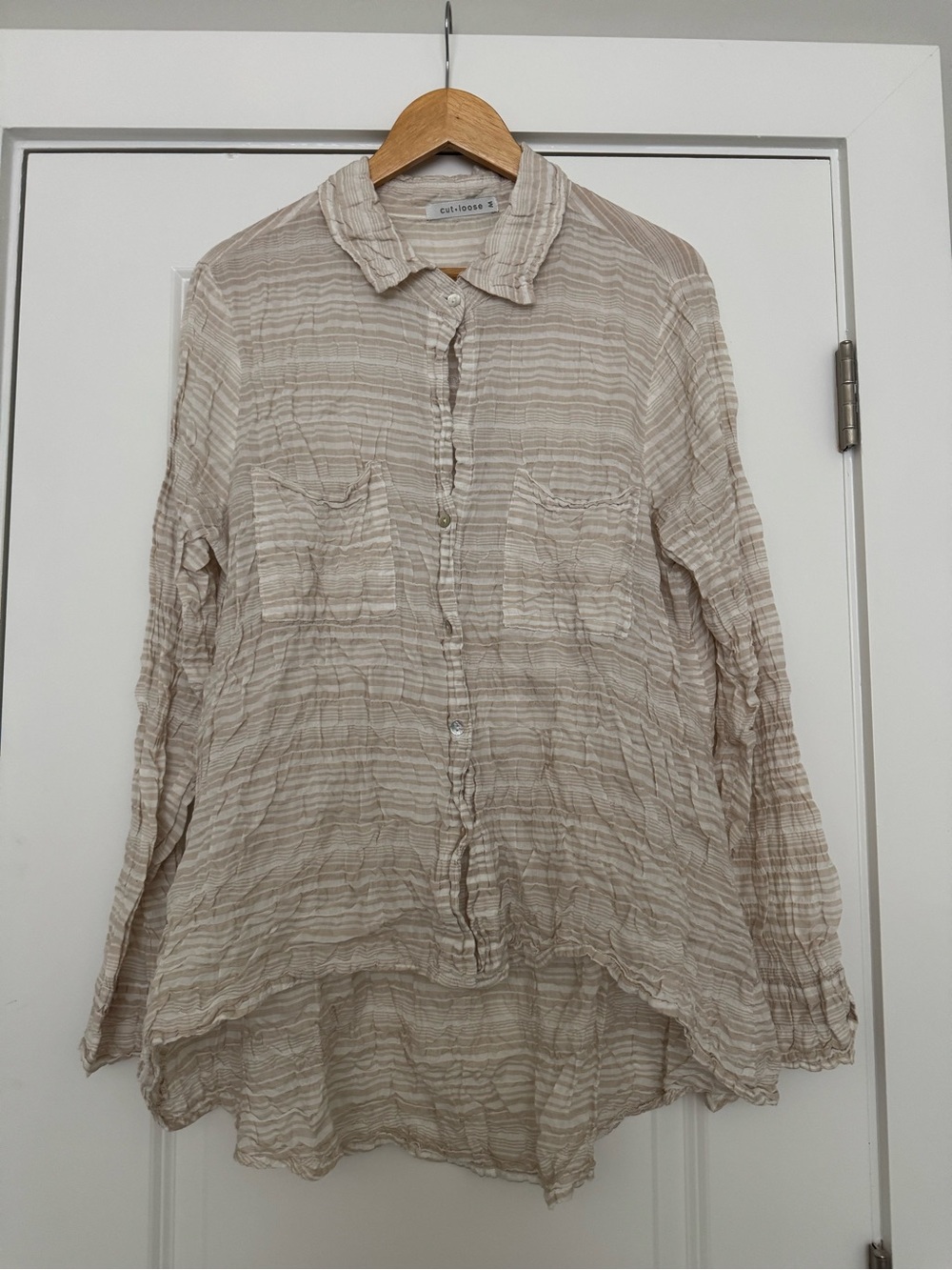 cut•loose Tan and White Striped Crinkle Button-Up Shirt